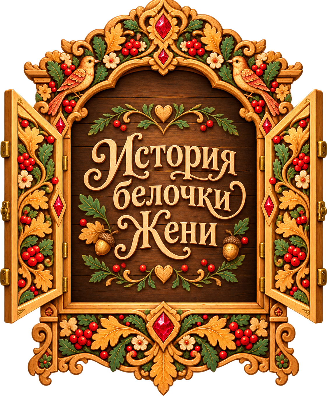 Резные открытые ставни с надписью «История белочки Жени»